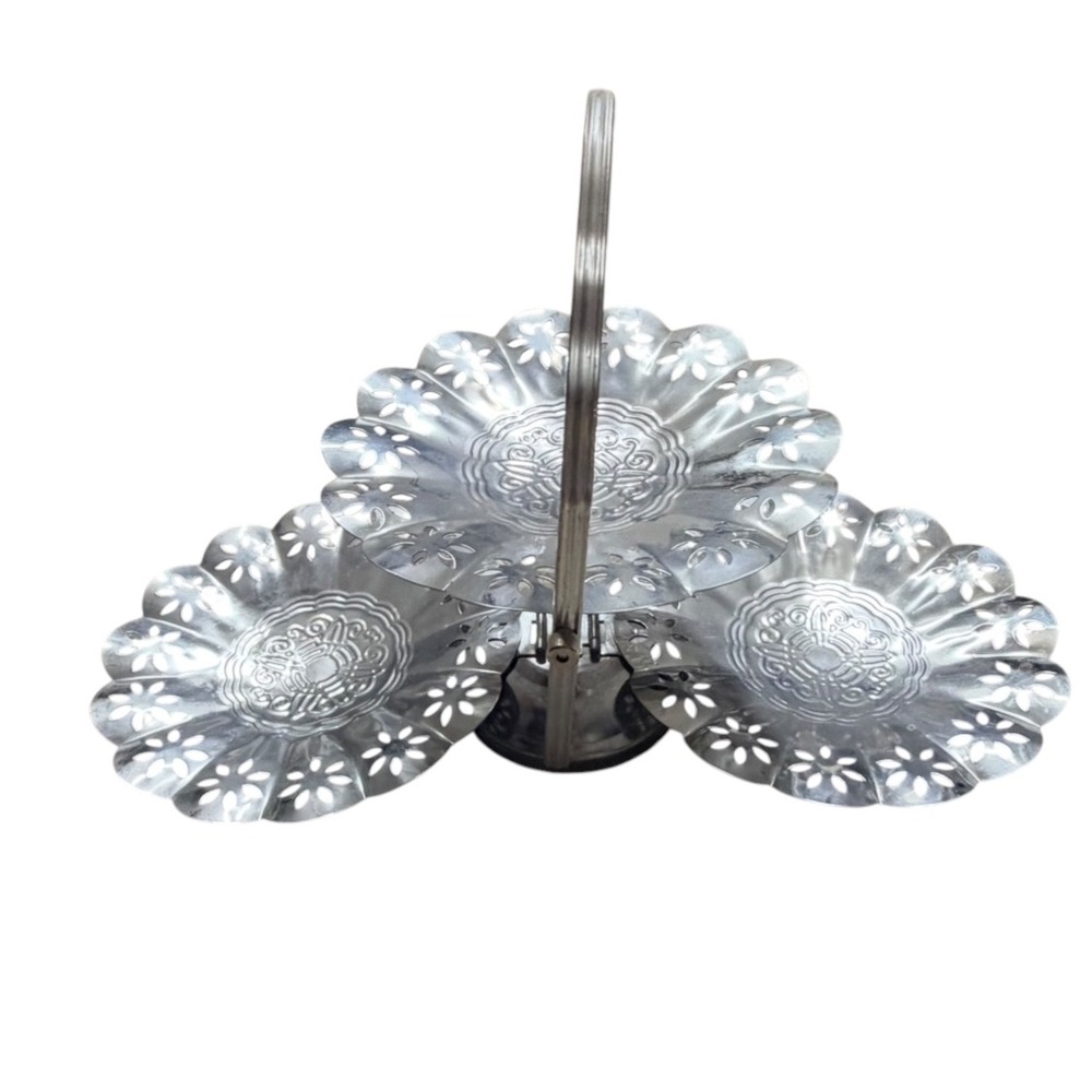 Vintage Silver Metal 3 Tier Folding Pastry Stand Tiered Serving Tray Basket 11in